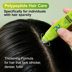 Hair care product being applied to hair with text about polypeptide hair care for hair sparsity.