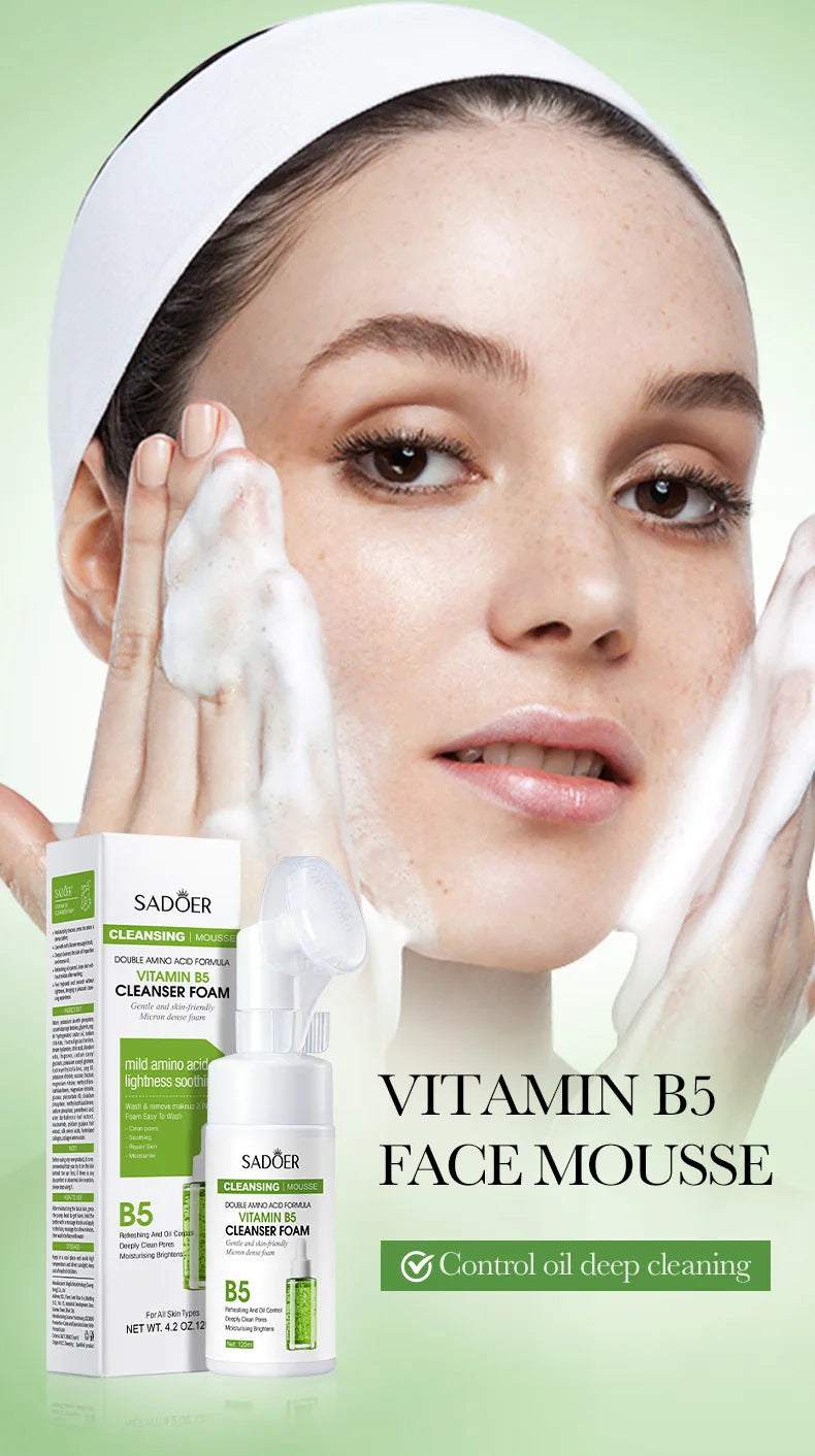 Woman applying face mousse with Sadeer skincare products on a green background