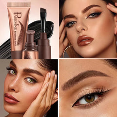 Makeup product with application on face and close-up of eye and eyebrow.