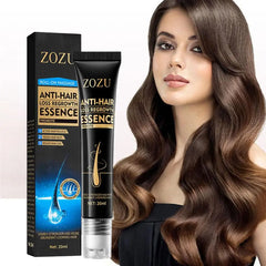 ZOZU Anti-Hair Loss Regrowth Essence with packaging and a model with long hair.
