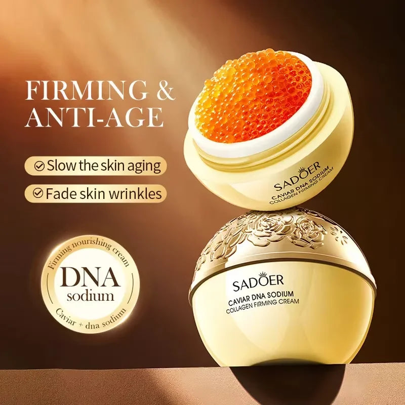 Two jars of SADOER Caviar DNA Sodium Collagen Firming Cream on a brown background with text about skin care benefits.