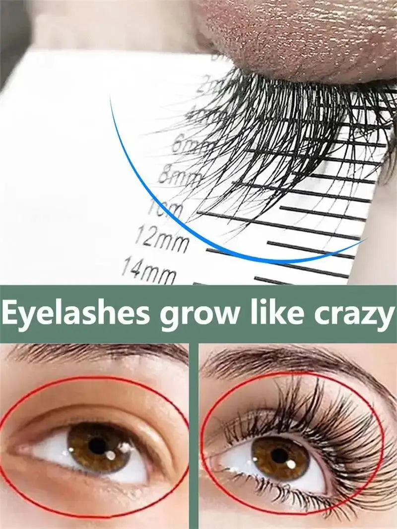Close-up of false eyelashes with measurement scale and before-and-after comparison of natural lashes.