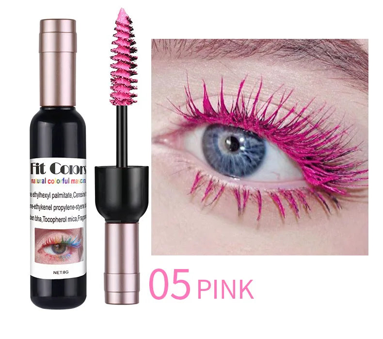 Pink mascara with packaging and an eye wearing the product, labeled '05 Pink'.