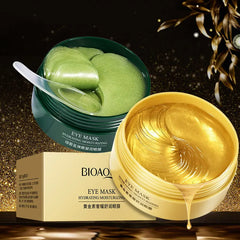 Green and gold eye masks with BIOAQU packaging on a dark background