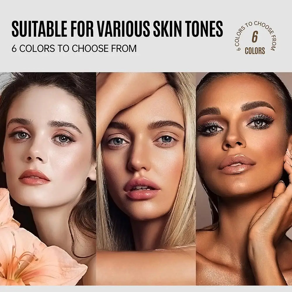 Three women with different skin tones and a text indicating suitability for various skin tones with six color options.