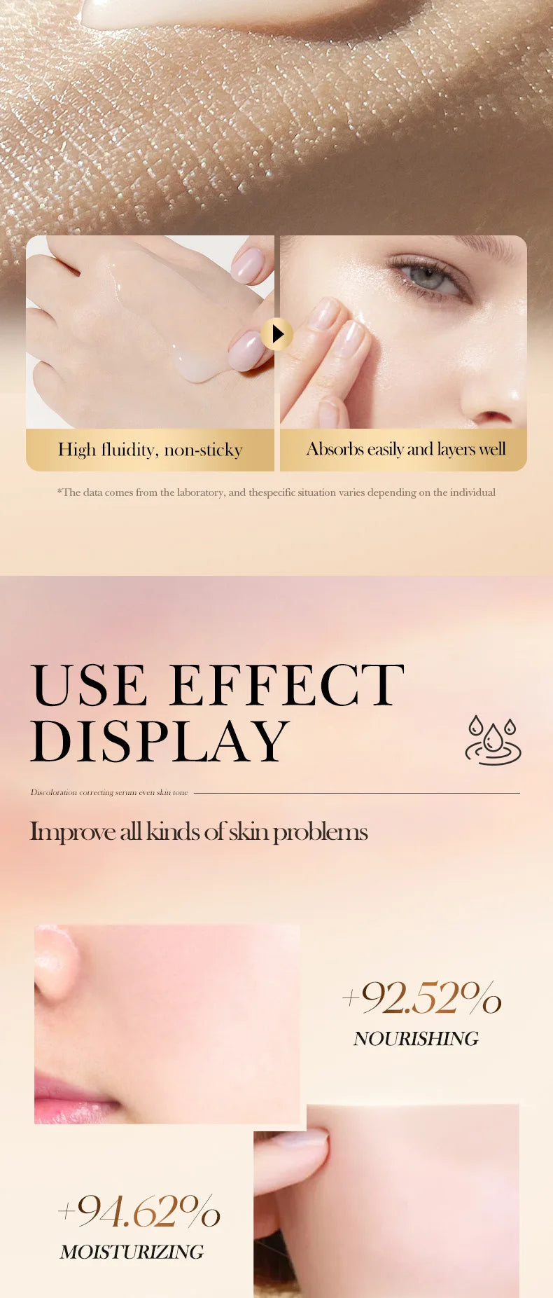 Cosmetic product with skin texture and effects displayed on a pink background