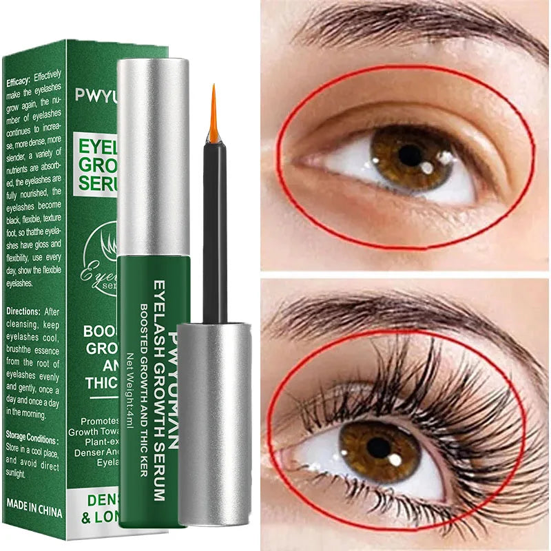 PWYU eyelash growth serum with packaging, close-up of eye before and after use.