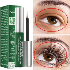 PWYU eyelash growth serum with packaging, close-up of eye before and after use.