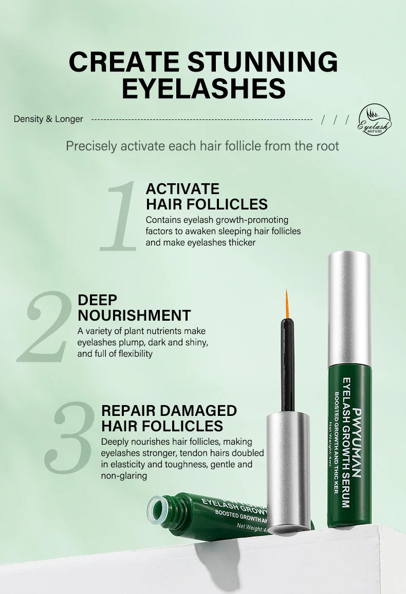 Eyelash growth serum with text on a light green background