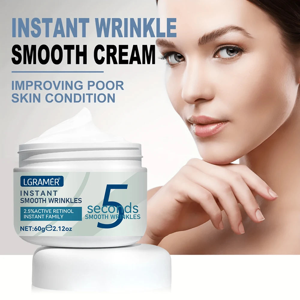 LGRAMER instant wrinkle smooth cream with a model showing improved skin condition