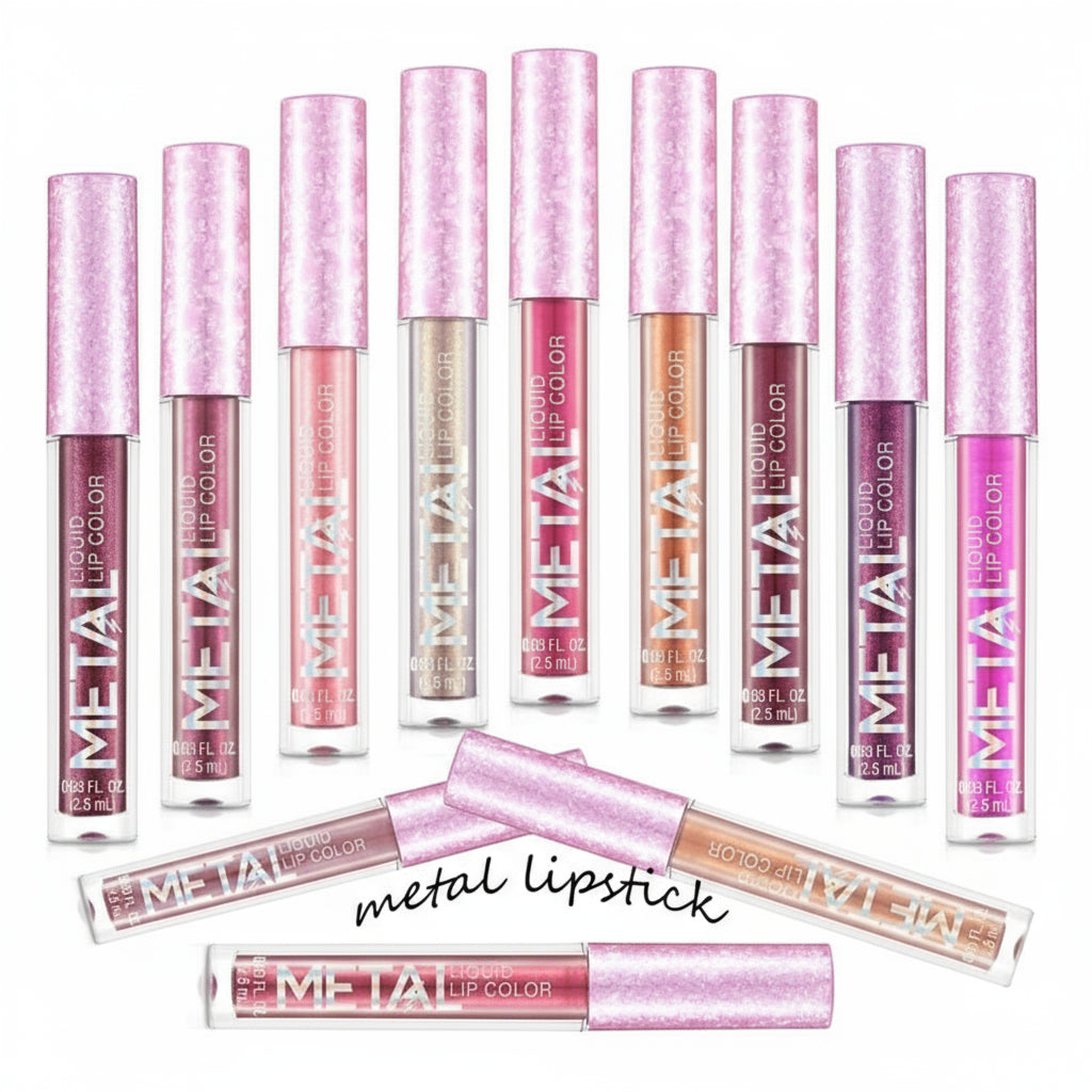 Set of Meta metal lipstick tubes with various colors on a white background