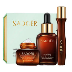 Sadoér skincare product set including eye cream, serum, and mascara on a white background.