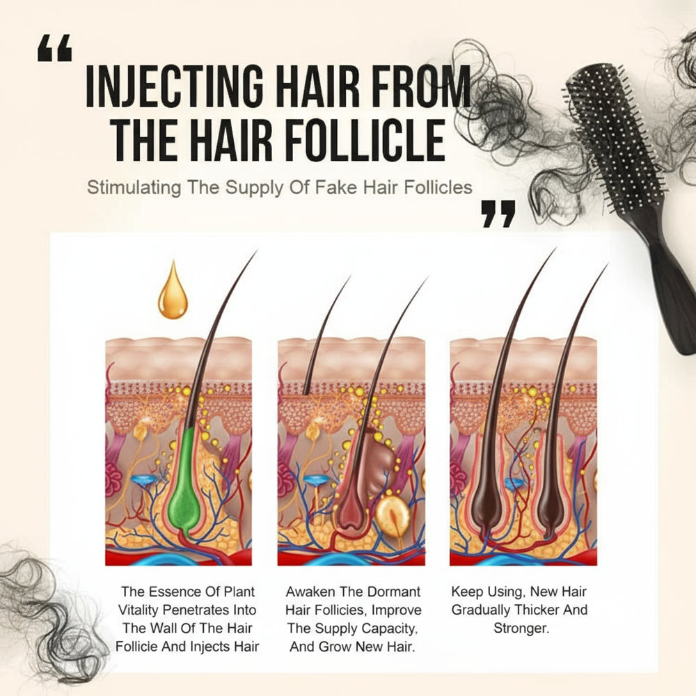 Illustration of hair follicle injection process with text and a hairbrush on a beige background.