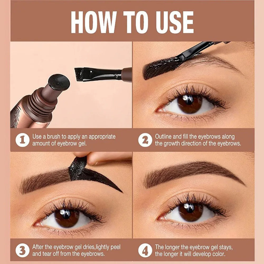 Instructions on how to use eyebrow gel with close-up shots of application and results.