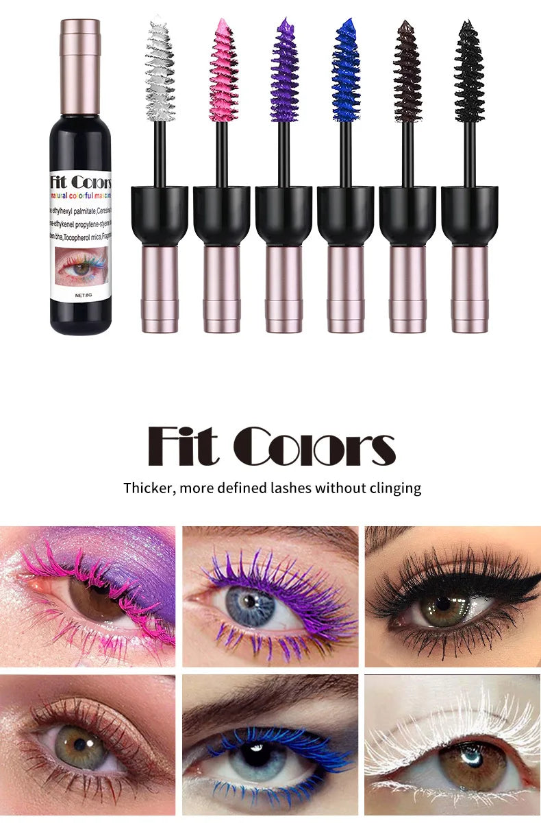 Set of false eyelashes with color options and application examples.