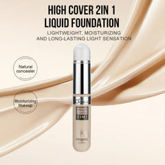L'Oreal High Cover 2in1 liquid foundation bottle on a beige background