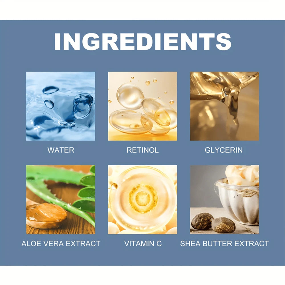 List of skincare ingredients with corresponding images on a blue background