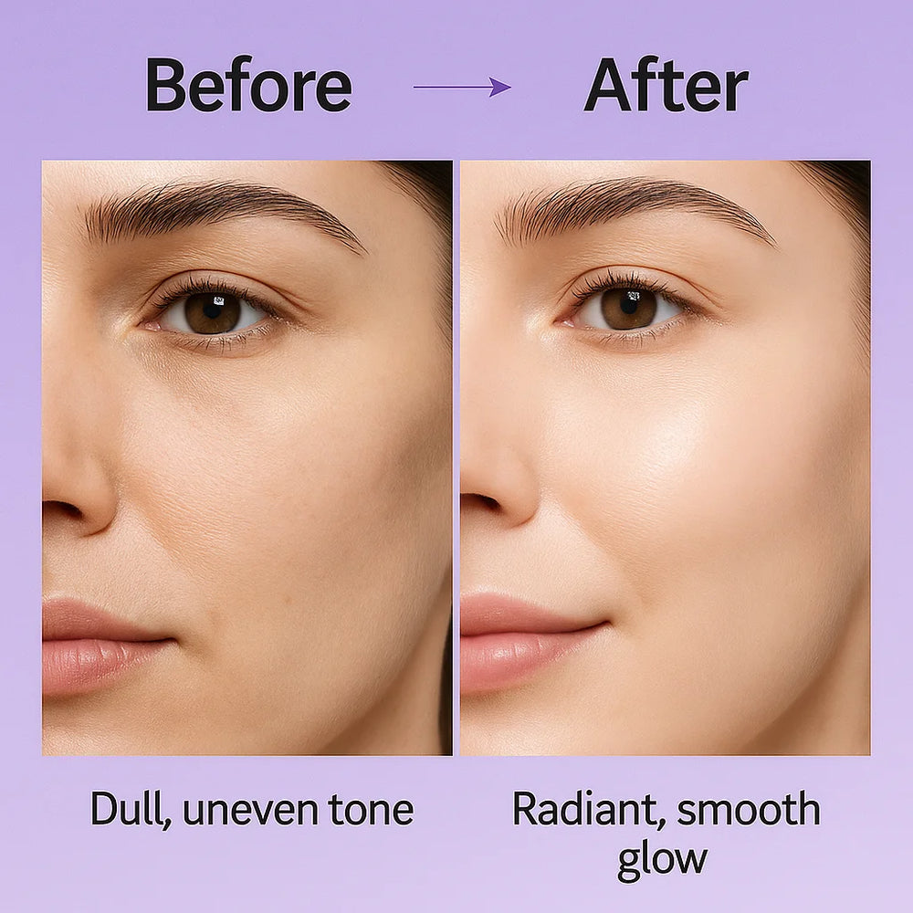 Before and after comparison of skin tone on a purple background