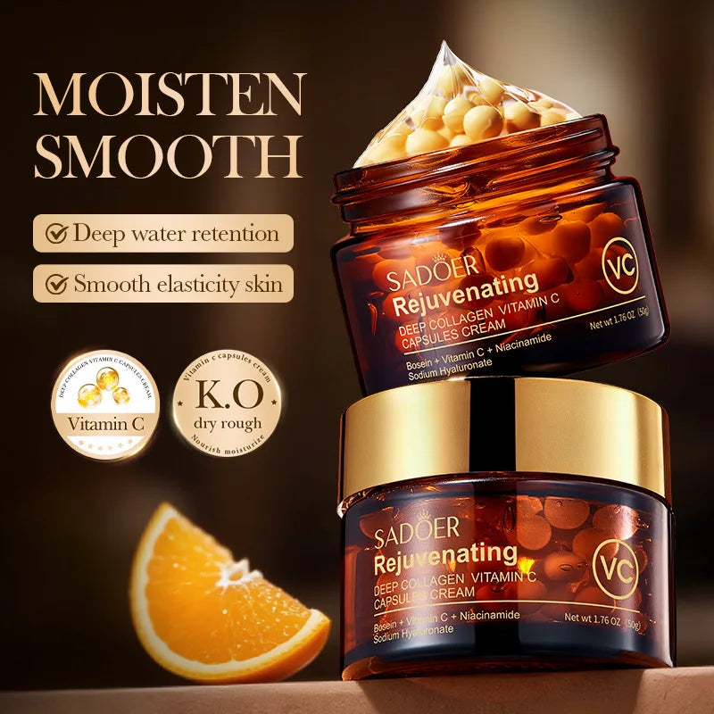 Two jars of SADÜler Rejuvenating Deep Collagen Vitamin C Capsule Cream with an orange slice on a dark background.