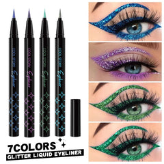 Glitter liquid eyeliner pens with color examples on eyes