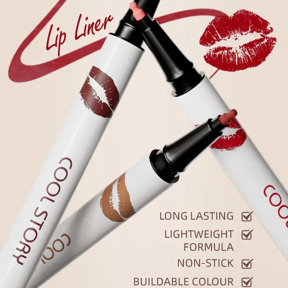 Three lip liner products with visible branding on a beige background with red lipstick prints.