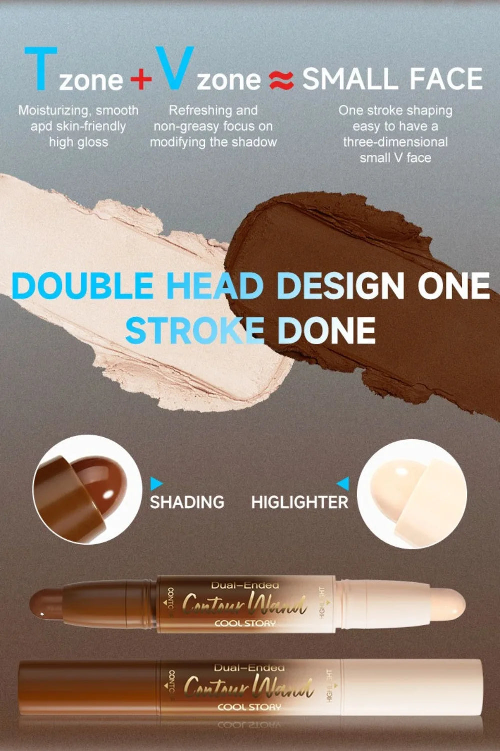 Cosmetic product with double head design for shading and highlighting, featuring text on a gray background.