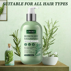 Groei Rosemary Shampoo bottle with rosemary leaves on a green background