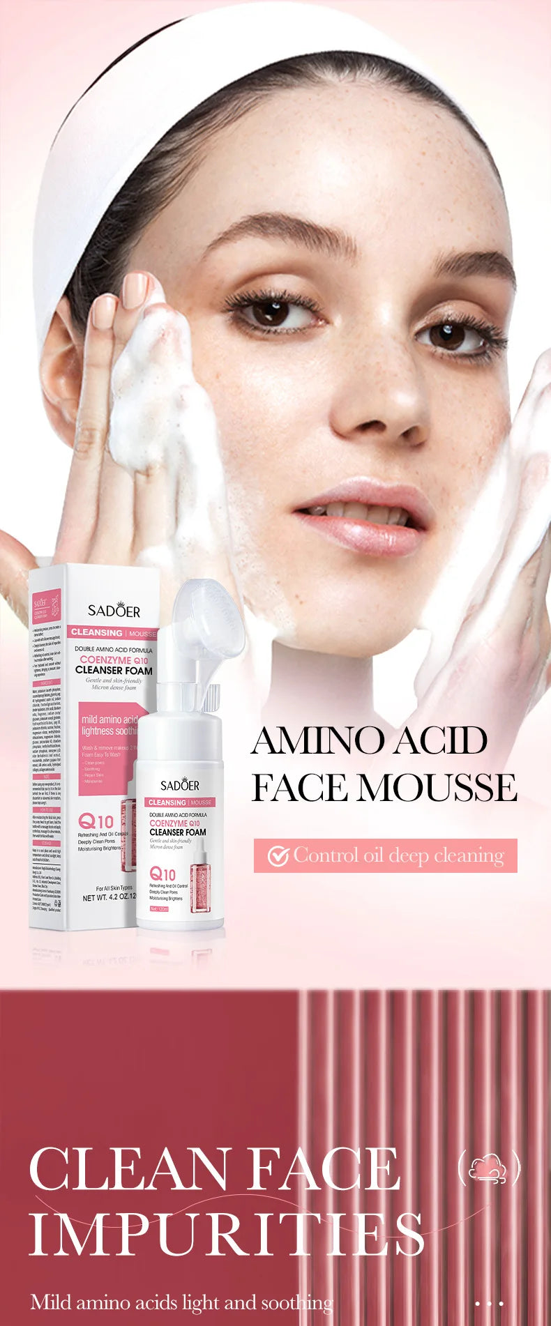 Woman applying face mousse with Shu Uemura products on a pink background