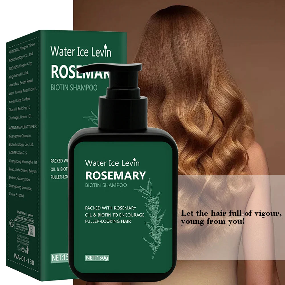 Water Ice Levin Rosemary Biotin Shampoo with packaging and a person with styled hair.