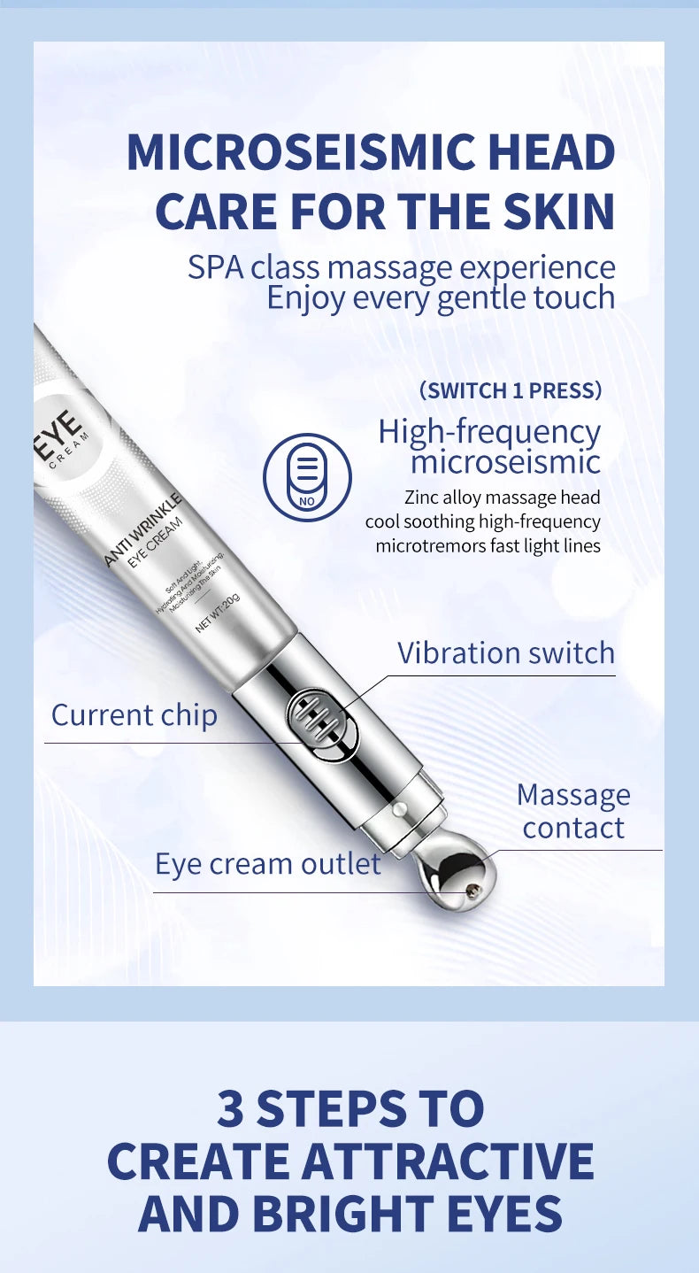 Eye cream device with text on microseismic head care for the skin and spa-class massage experience.