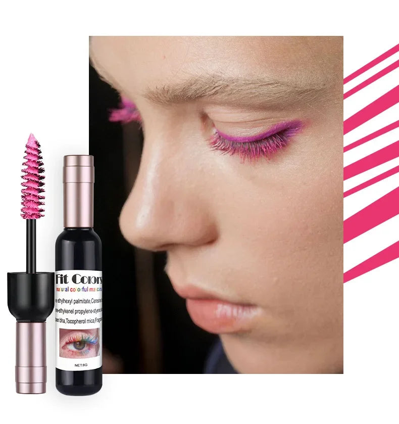 Mascara with a close-up of a woman's eye wearing pink eyelashes, Fit County branding visible.