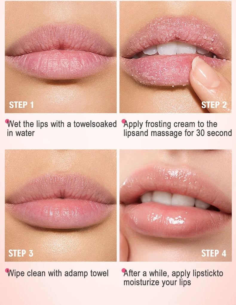 Step-by-step guide on applying lip frosting with text instructions.