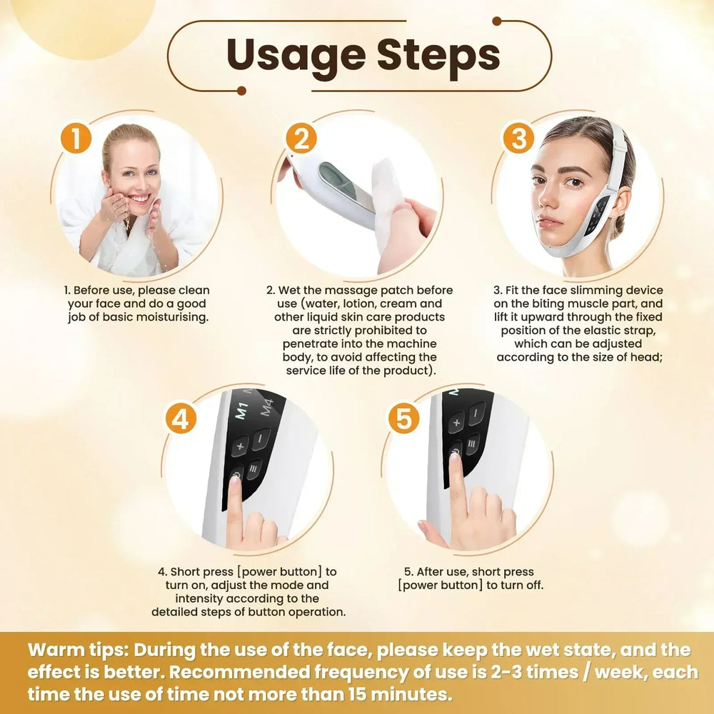 Step-by-step guide for using a face slimming device with illustrations and text.
