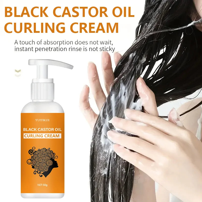 Black Castor Oil Curling Cream bottle with person applying cream to hair on a white background