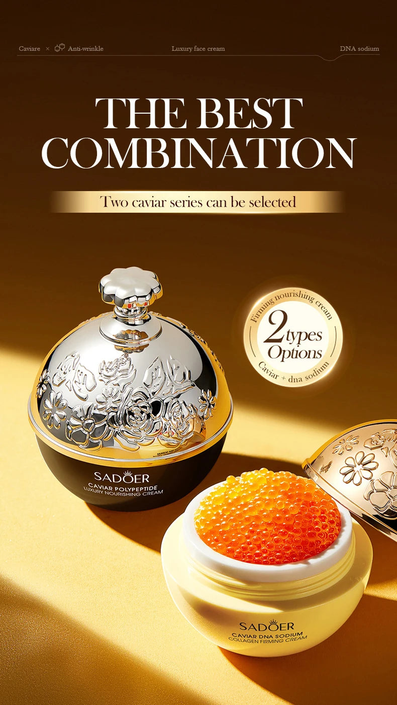 Caviar container with silver lid and orange caviar on a gold background, featuring the brand 'Sadoer'.