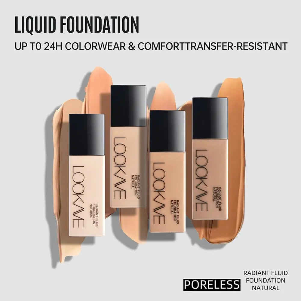 LookAve liquid foundation bottles with text highlighting features on a light gray background