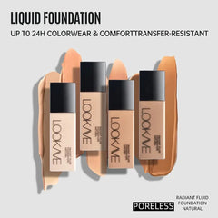 LookAve liquid foundation bottles with text highlighting features on a light gray background