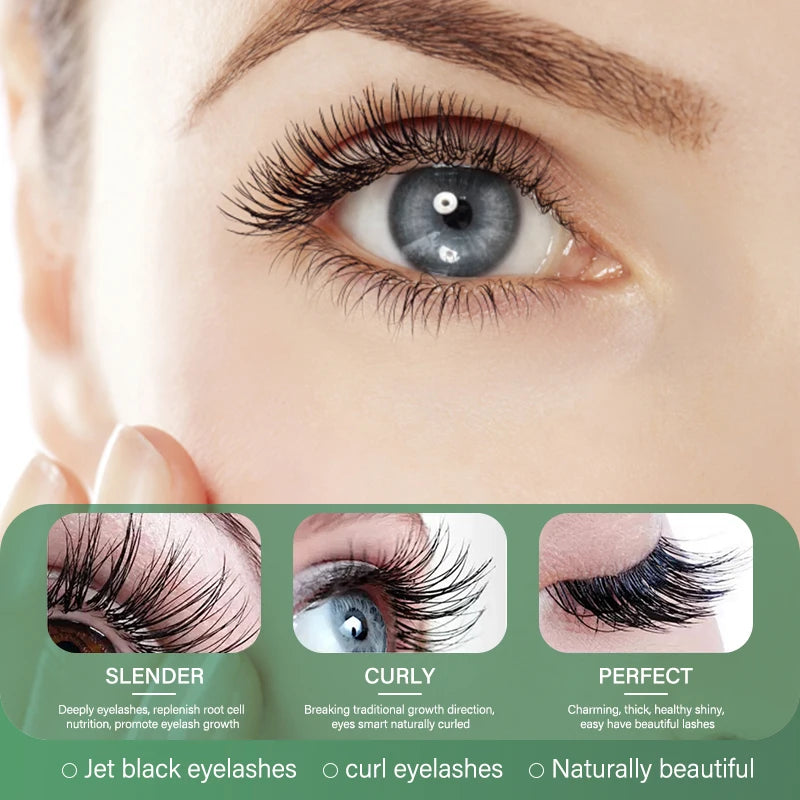 Close-up of an eye with Jet Black Eyelashes product packaging showing different lash styles.