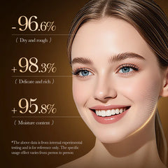 Woman with a close-up of her face on a brown background with text about skin moisture content.