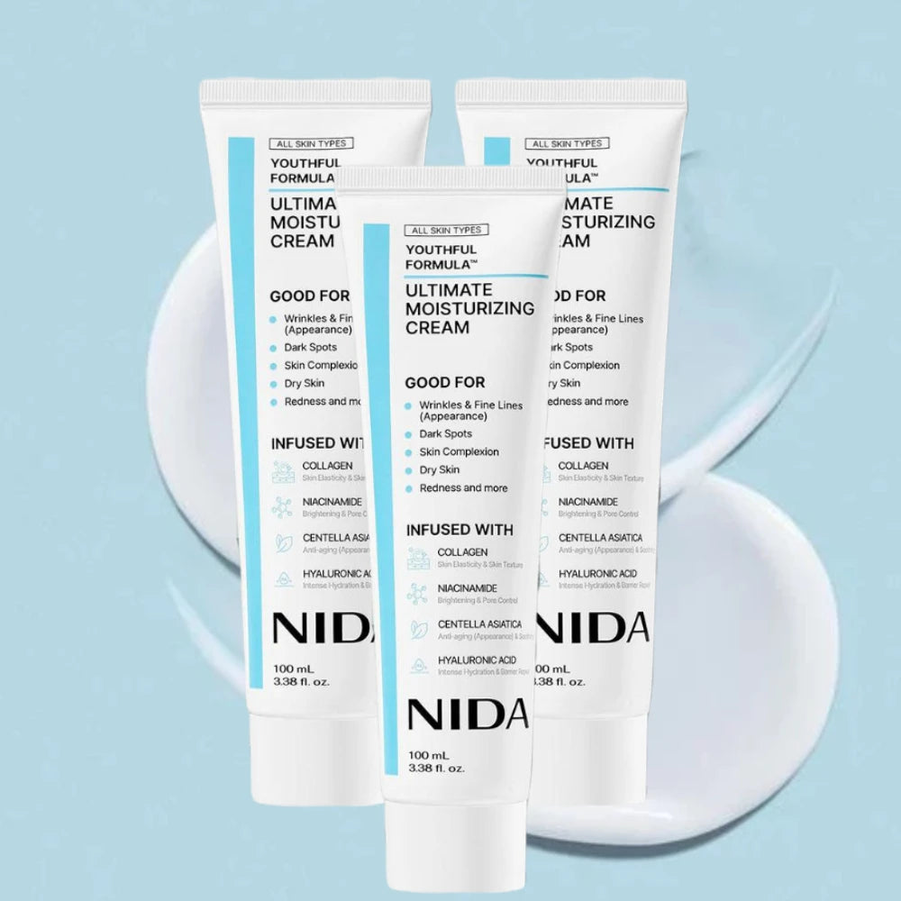 Two NIDA skincare cream tubes on a light blue background