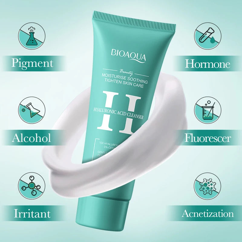 BIOAQUA skincare cleanser tube with icons and text on a light blue background