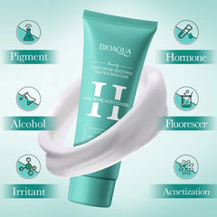 BIOAQUA skincare cleanser tube with icons and text on a light blue background