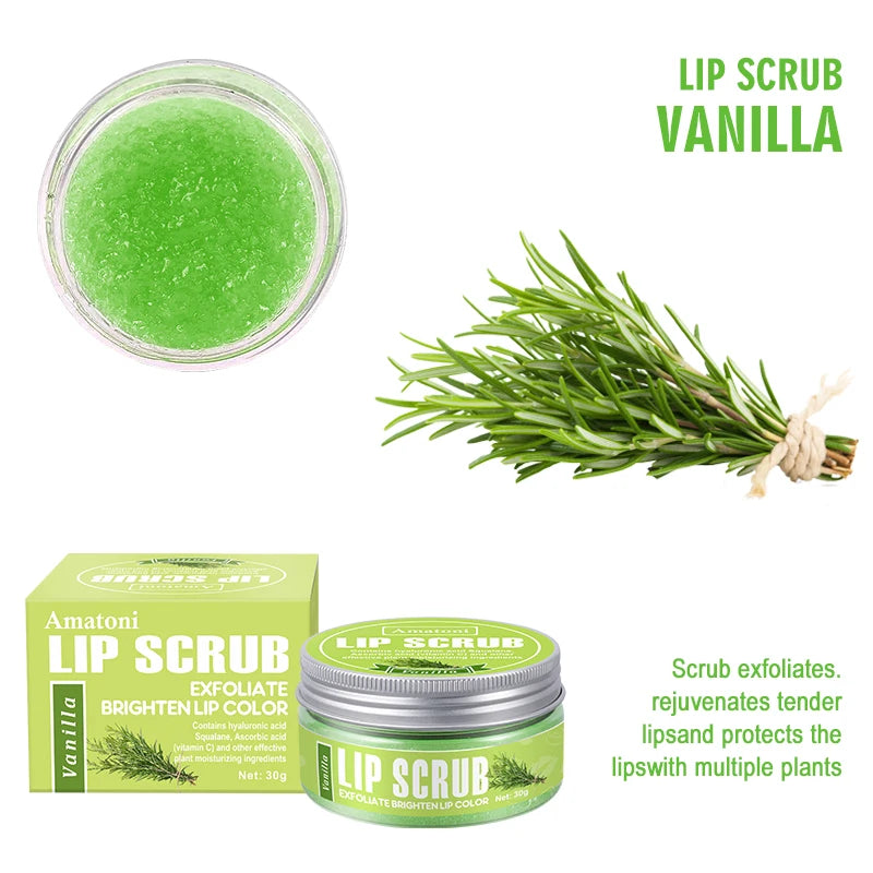 Amatoni Lip Scrub packaging with green scrub and rosemary plant on a white background