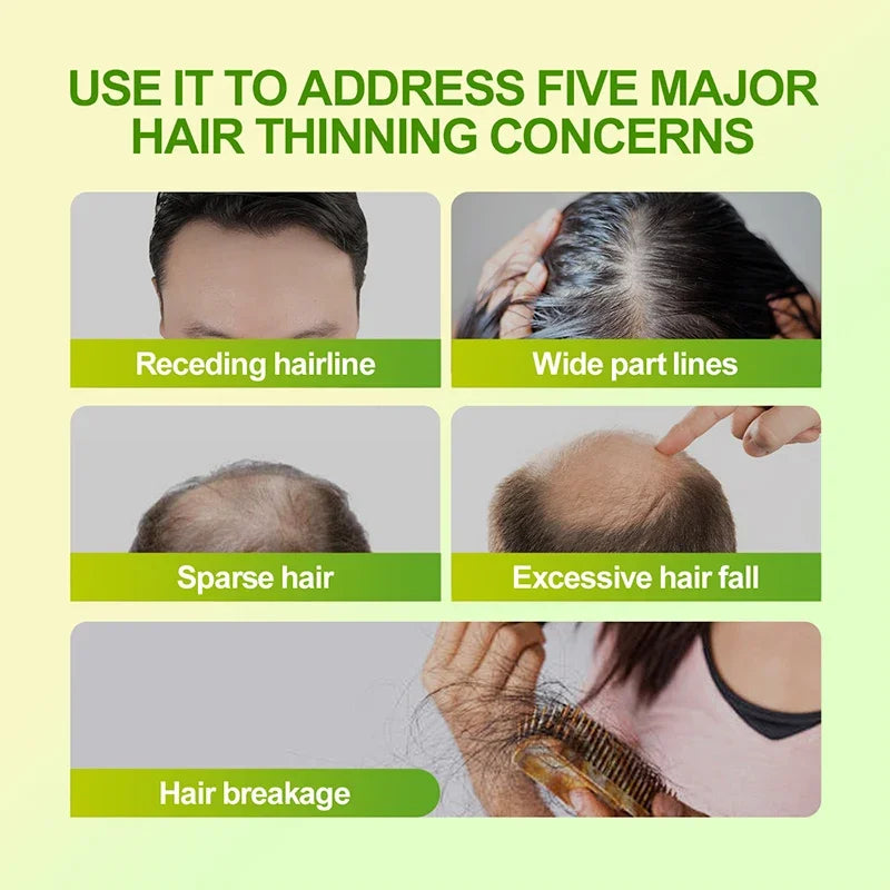 Advertisement for hair care product addressing five major hair thinning concerns with images of hair issues.