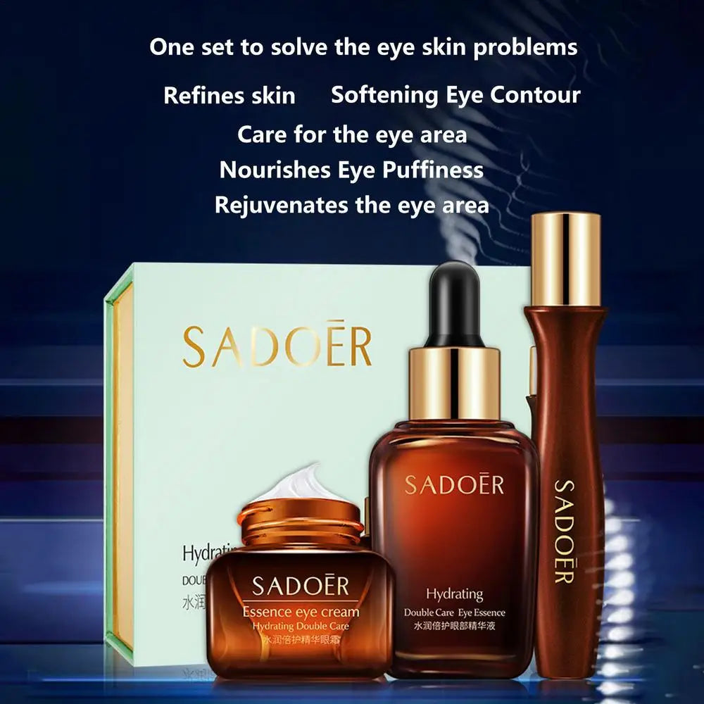 Sadoer eye care product set with bottles and packaging on a blue gradient background
