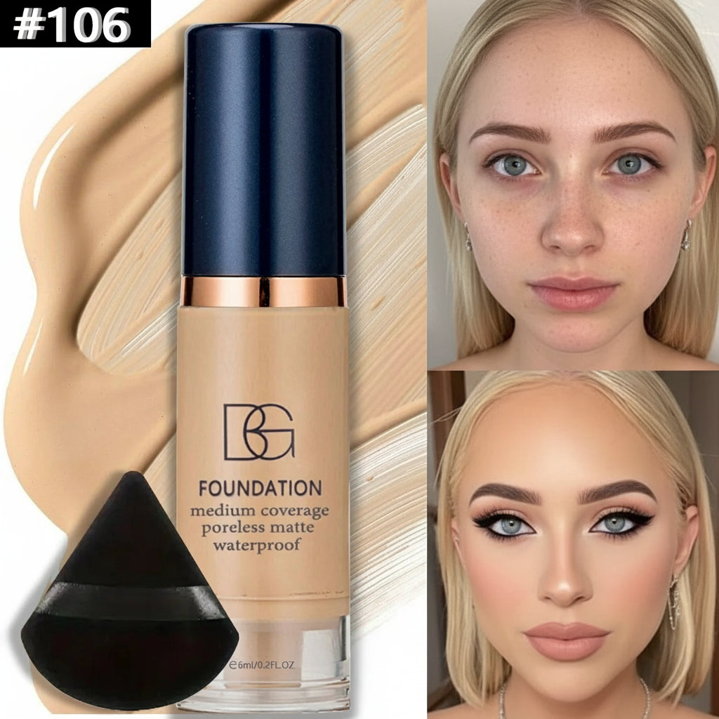 Foundation bottle with applicator, swatch, and before/after makeup application on a model.