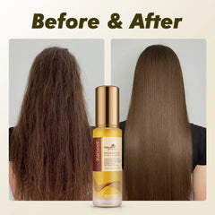 Before and after comparison of hair treatment with a bottle of hair product in the center.