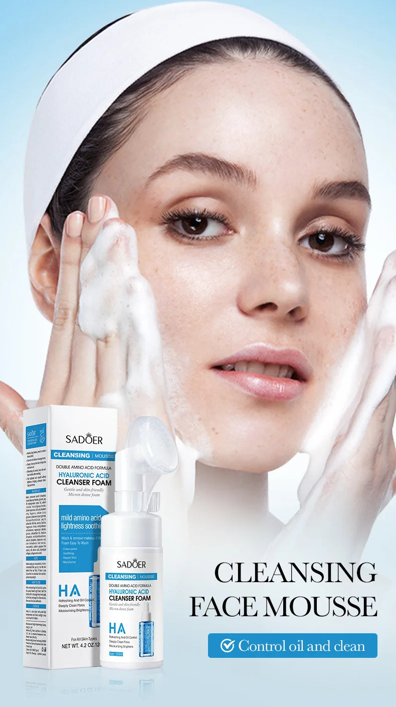 Woman applying cleansing face mousse with Sader products displayed