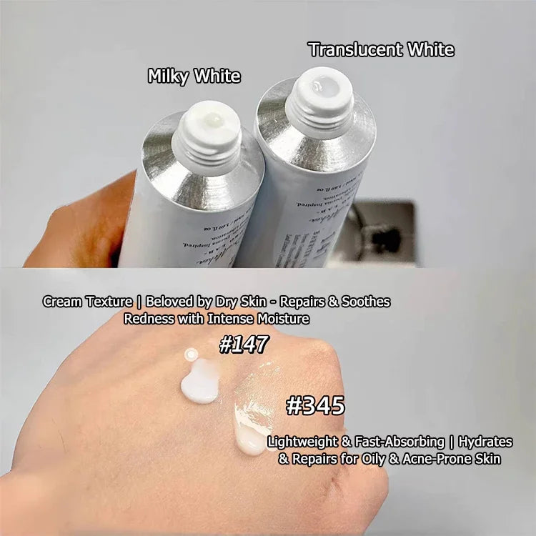Two tubes of cream labeled 'Milky White' and 'Translucent White', with a hand holding a small amount of cream on a neutral background.