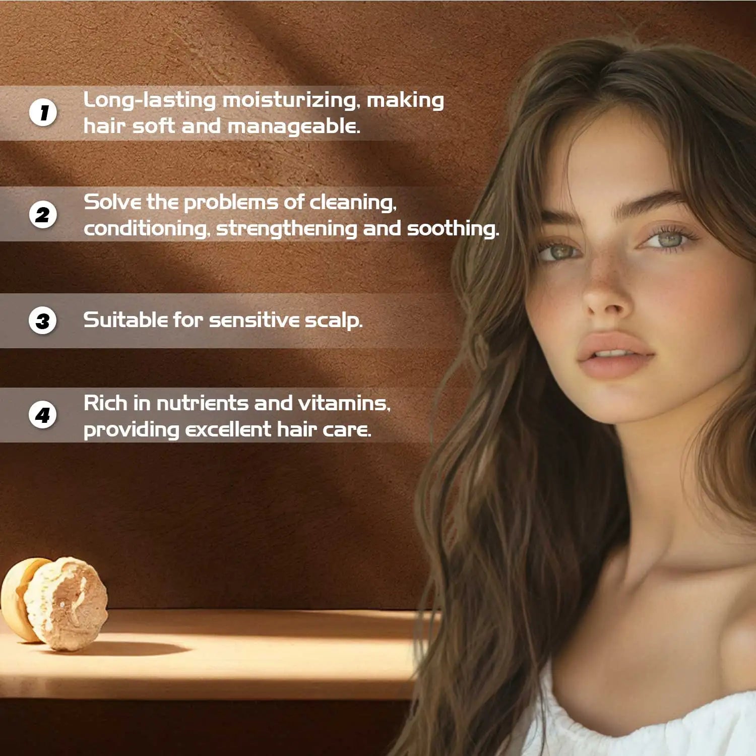 Woman with long hair next to text about hair care products on a wooden surface.